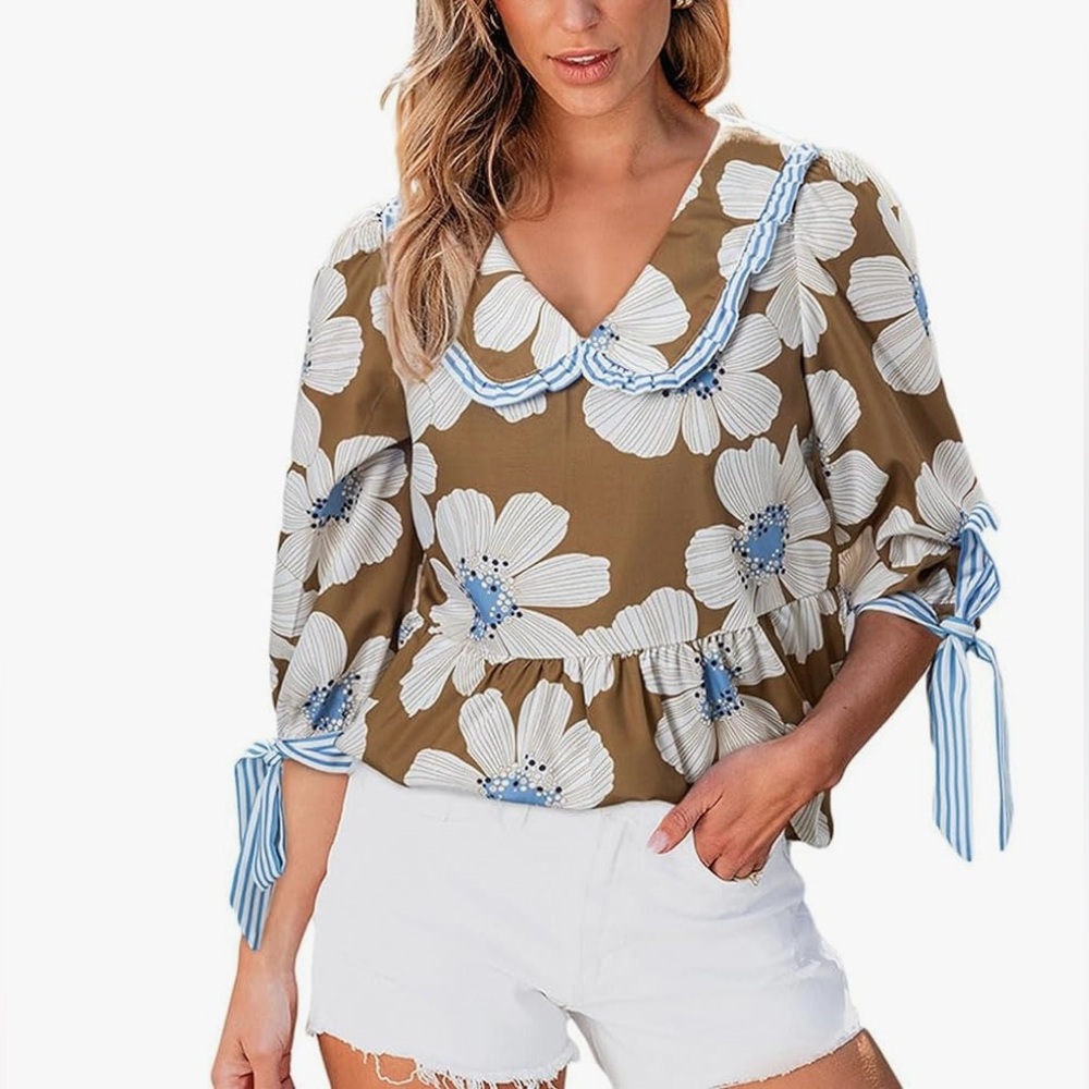 Floral Print Loose Peplum Blouse with 3/4 Sleeve.
